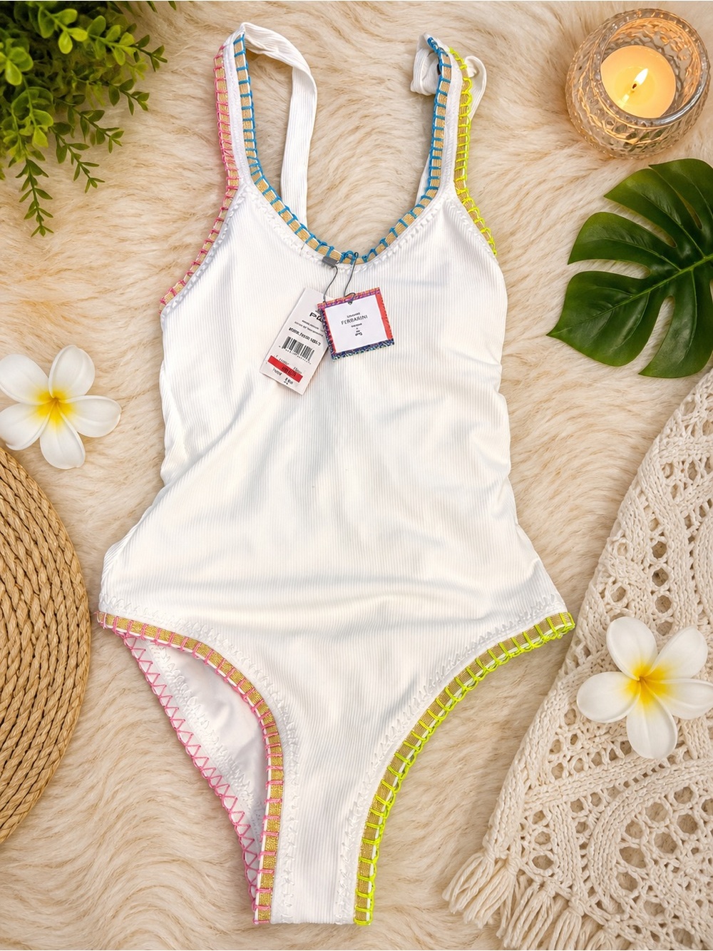 Woman’s White One-Piece Swimsuit with Neon Trim